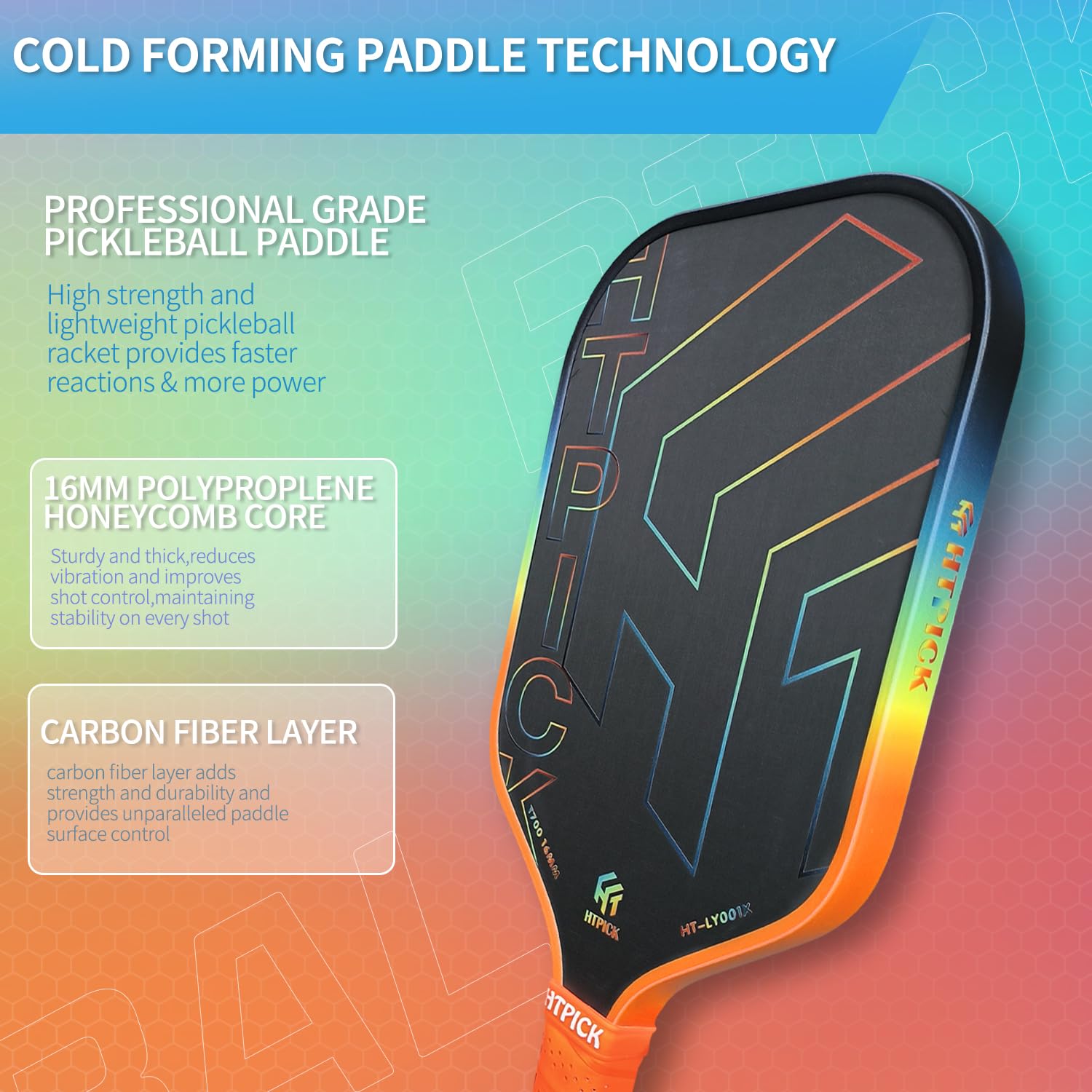 Racchette per pickleball, pagaia in fibra di carbonio T700 con nucleo a nido d'ape in polipropilene, spessore 16 mm, migliore assorbimento degli urti per la massima rotazione e consistenza