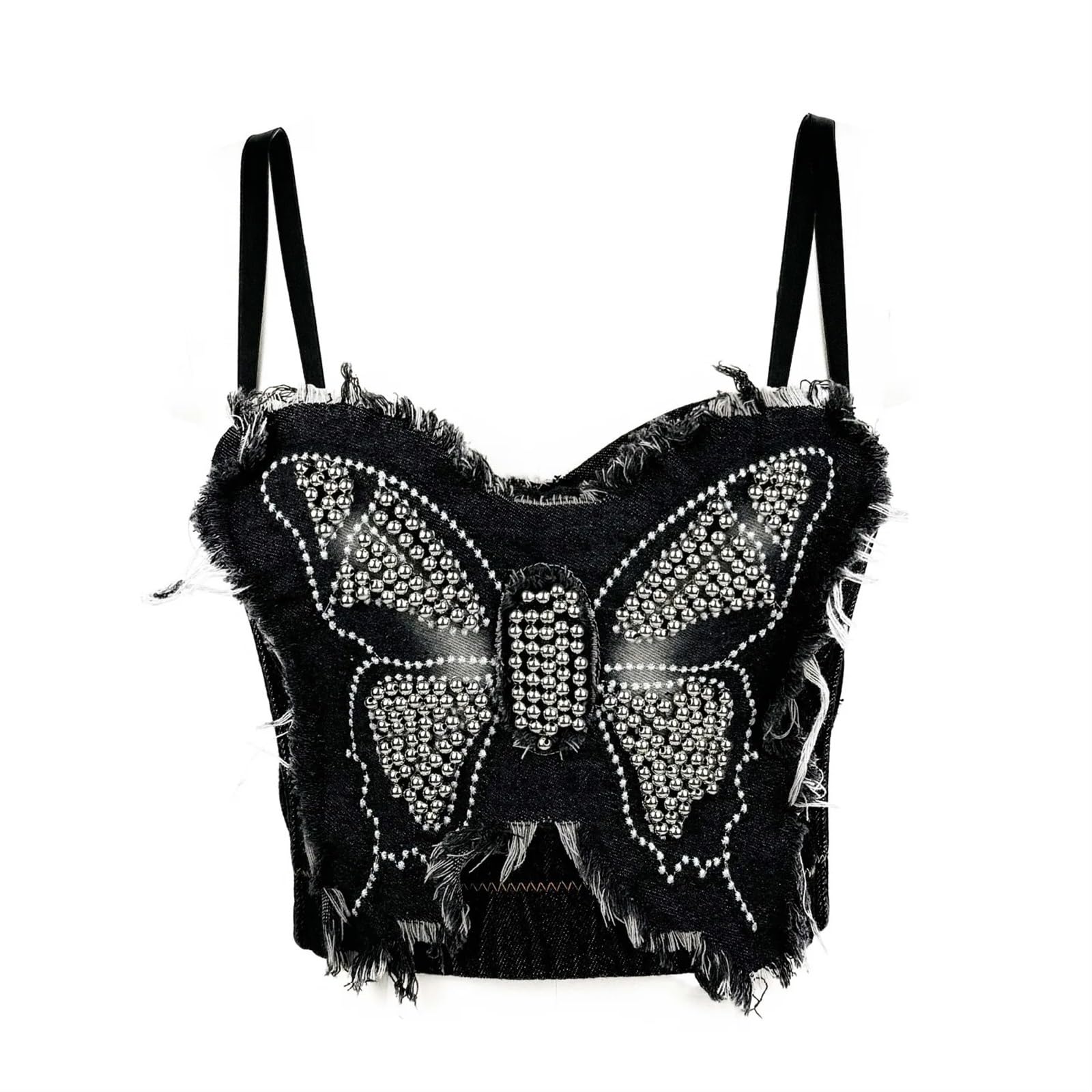 Vintage Butterfly Patchwork Denim Bralet With Fishbones Unique Beads And Crystal Bralette Underwear Women Lingerie Bras Corset for Dancing Carnival Party(40C,Black)