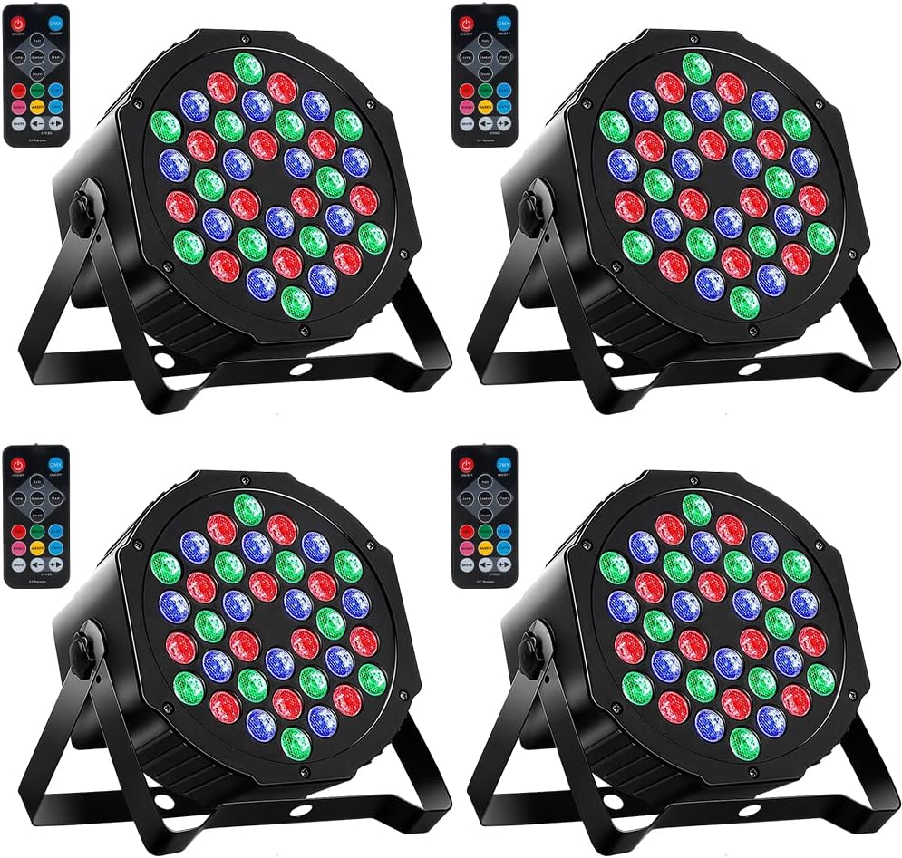4 Pack Black MOSFiATA Par Lights 4 Pack, RGB 36 LED Stage Light Sound Activated DMX Control, 7 Modes Uplighting with Remote Control Stage Lighting, DJ Party Light for Club KTV Disco Party（4 Pack）