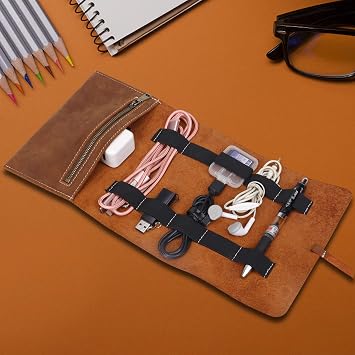 Cable Organizer,Travel Organizer Electronics Organizer,Leather Charge Organizer Roll Bag,Travel Cord Organizer Tec Cable Organizer Bag Travel Case For Cable Charger Phone USB Headphone. 10 Slots
