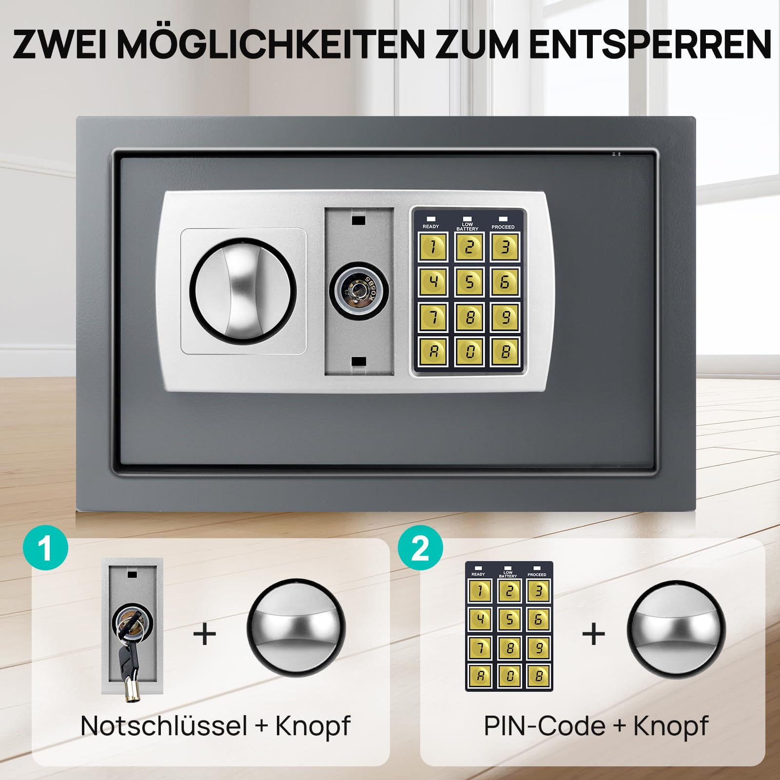 Cassaforte con 2 chiavi, cassaforte elettronica digitale per ufficio, alta sicurezza, soldi, grigio con tastierino digitale, 31 x 20 x 20 cm (8,5 l)
