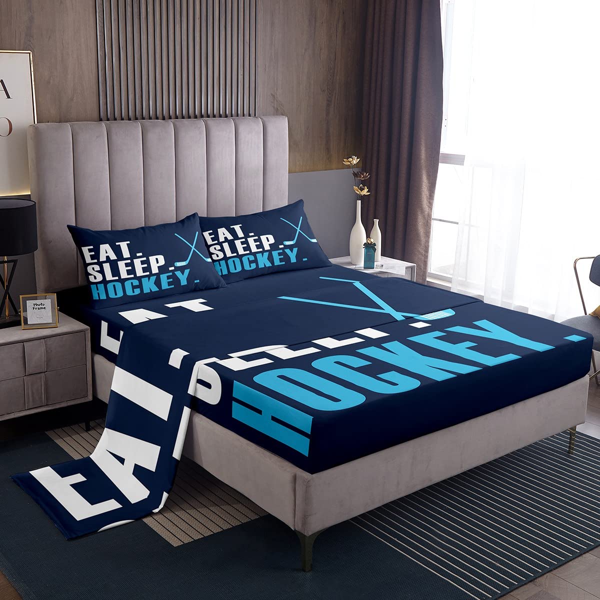 Eishockey Bettwäsche Set 4-teilig – Bettlaken & Spannbetttuch Für Jungen/Mädchen, Blau, Bis 40 Cm Matratzentiefe