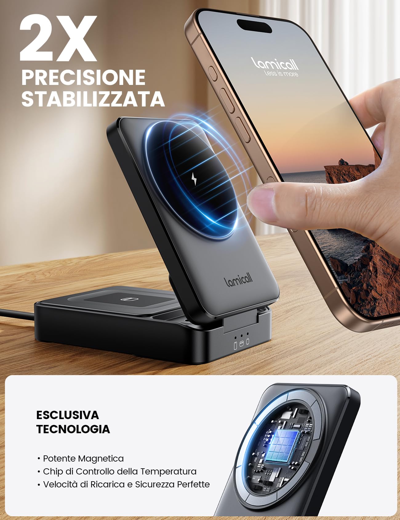 Lamicall 3-IN-1 Caricatore Wireless per MagSafe - [Pieghevole] Stazione Ricarica da Viaggio, Base Ricarica con Supporto per iPhone 17/16/15/14/13/12, per AirPods 2/3/Pro, Compatibile con Apple Watch
