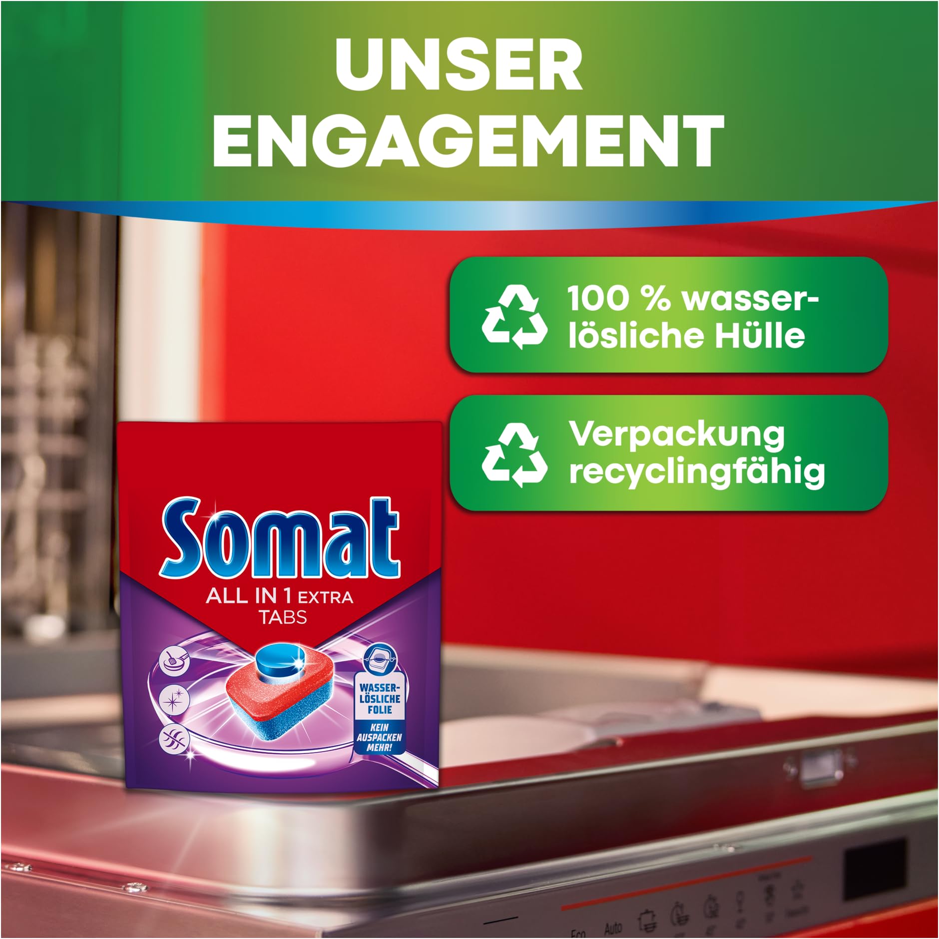 SOMAT All in 1 Extra Spülmaschinen Tabs (2 x 92 Tabs), für strahlend sauberes Geschirr auch im Niedrigtemperatur-, Kurz- & Eco-Programm, entfernt Eingekrustetes und sorgt für brillanten Glanz