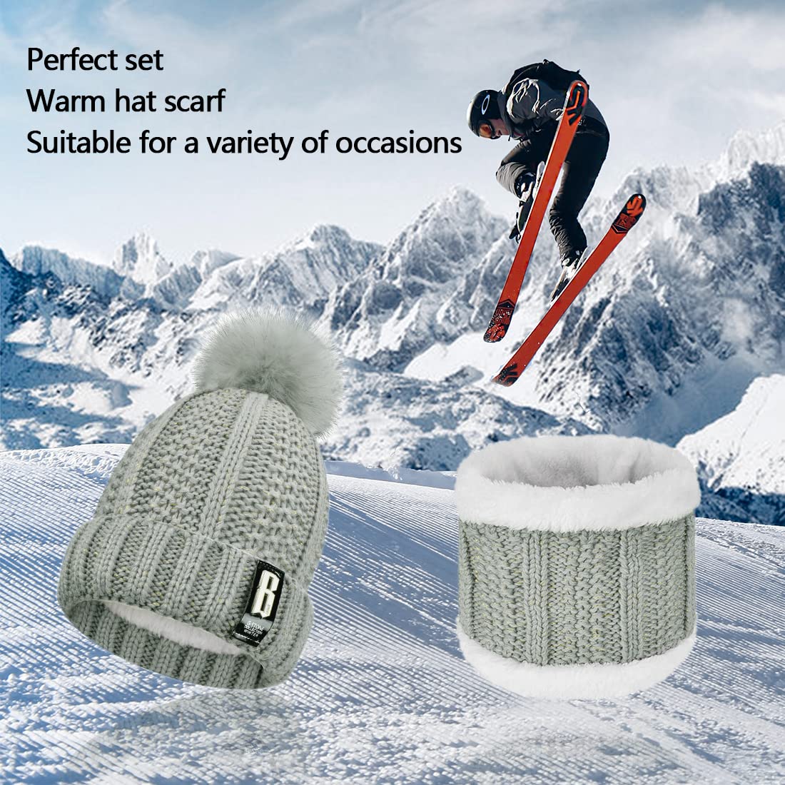 UMIPUBO 5pcs Tricotés Ensemble d'hiver Bonnet Chaude Doublure en Polaire Écharpe Femme Chapeau Pompon Des gants Cache-Oreilles Chaussettes