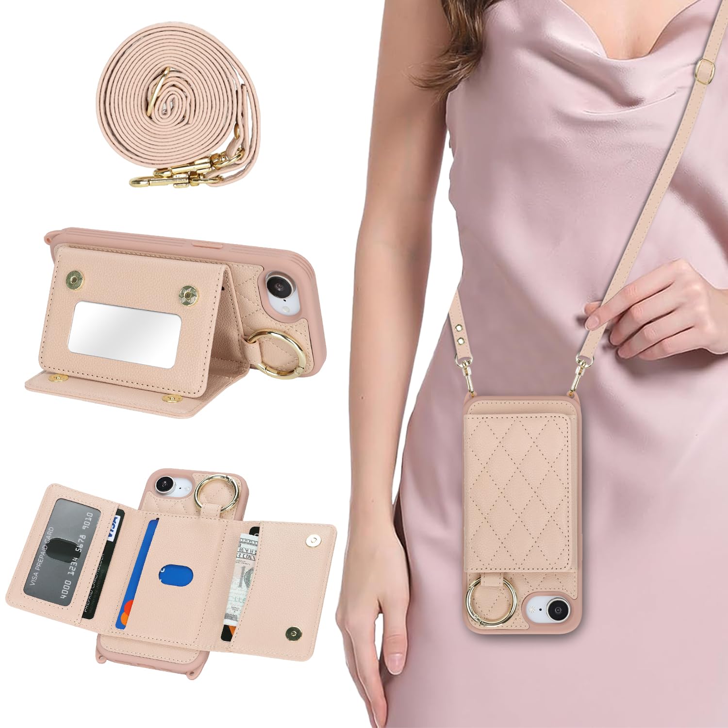 DEYHU for iPhone 17e / 16e Case with Card Holder and Strap for Women,Crossbody Lanyard, Make Up Mirror,Ring Stand,Snap Clasp,Cute Phone Wallet Cases