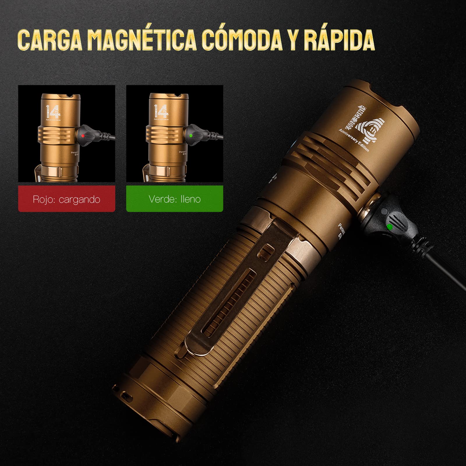 TrustFire MC5 Linterna, Linterna Led Recargable de 3300 Lúmenes, Más Brillante Linterna Táctica, Linternas LED Alta Potencia IPX8 Impermeable, Linterna de Caza con 5 Modos - Desierto Amarillo