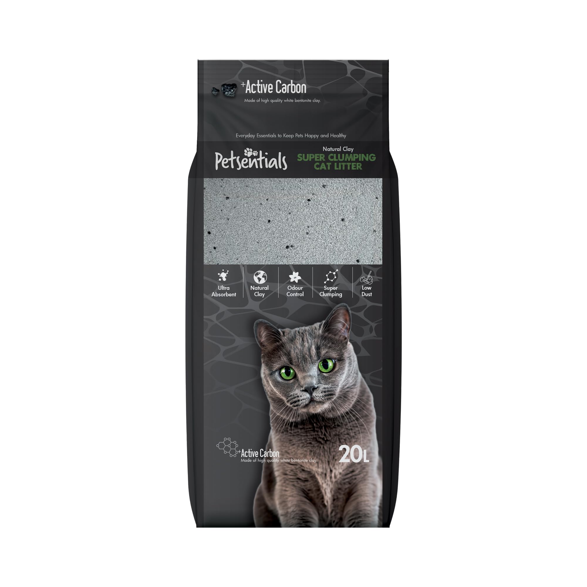 Petsentials Super Clumping Cat Litter with Activated Carbon | 20L | Ultra Absorbent Bentonite Clay, Odour Control, Low Dust, Fast Clumping