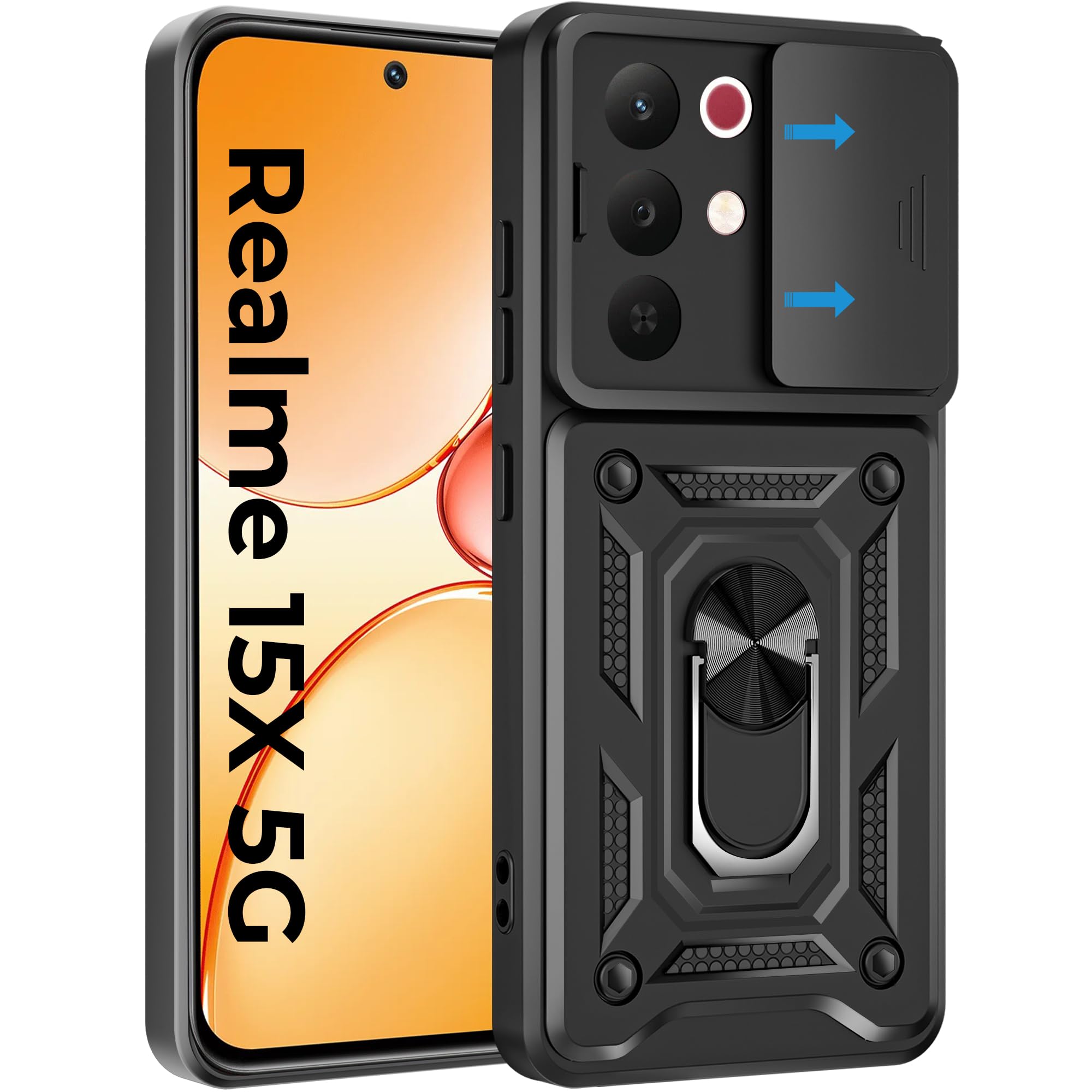 A rtistque Armor Bumper Back Case Cover for Realme 15x 5G | Stylish Ring Holder & Inbuilt Stand | Sliding Camera Cover - Black-picture-54
