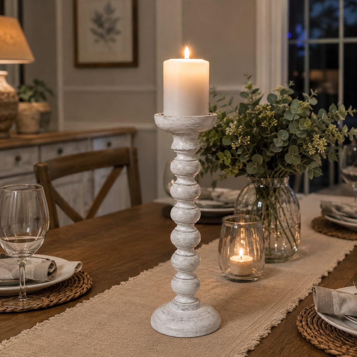 Distressed Wood Candle Holder Set of 1 – 16 Inch Extra Tall Farmhouse Pillar Candle Stands with Metal Cup – Rustic Mantel & Table Centerpiece Home Décor - White-image-13