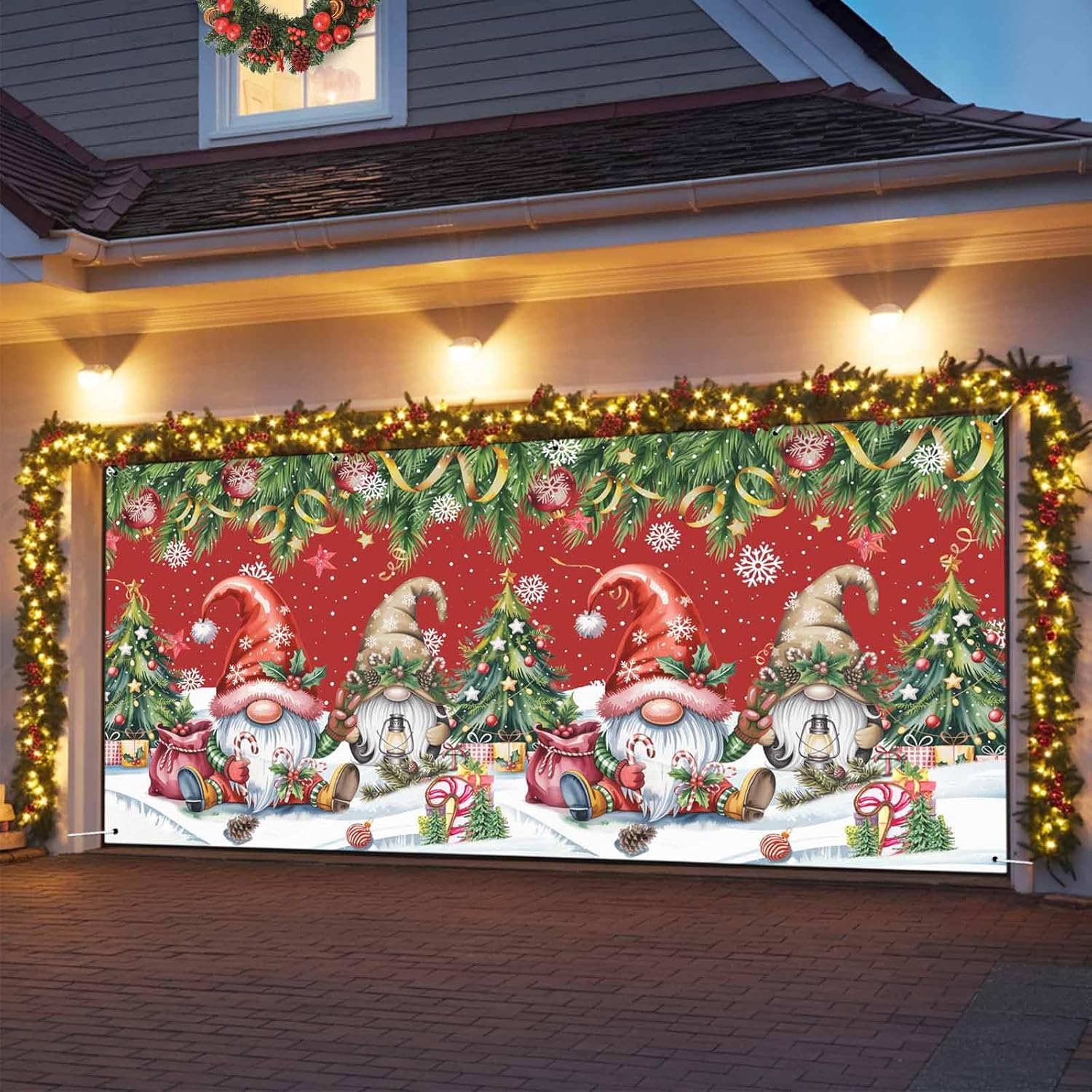 Red Gnomes Christmas Garage Door Banner Cover, Hanging Garage Door Decorations, Xmas Tree Snowflake Pine Needle Holiday Garage Door Covers Backdrop for Party Indoor Outdoor Wall Decor 7x16Ft