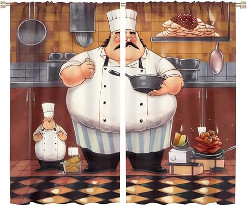 Miniatura 24 de Cortina de decoración de cocina de chef, retro gourmet de dibujos animados, chef gordo de cocina, patrón de comida gourmet, decoración del hogar,