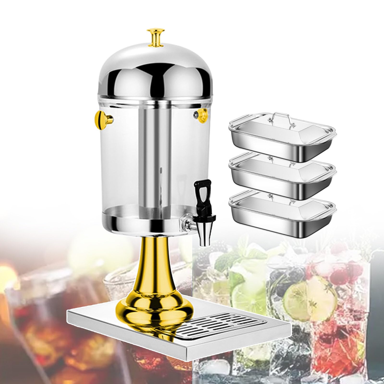 asdchZen 8L Drink Dispenser For Parties, Beverage Dispenser With Tap, Stainless Steel Juice Dispenser With Stand - Hot And Cold Dual-Purpose For Buffet Catering Drinks - 3 X Baking Tra,Gold