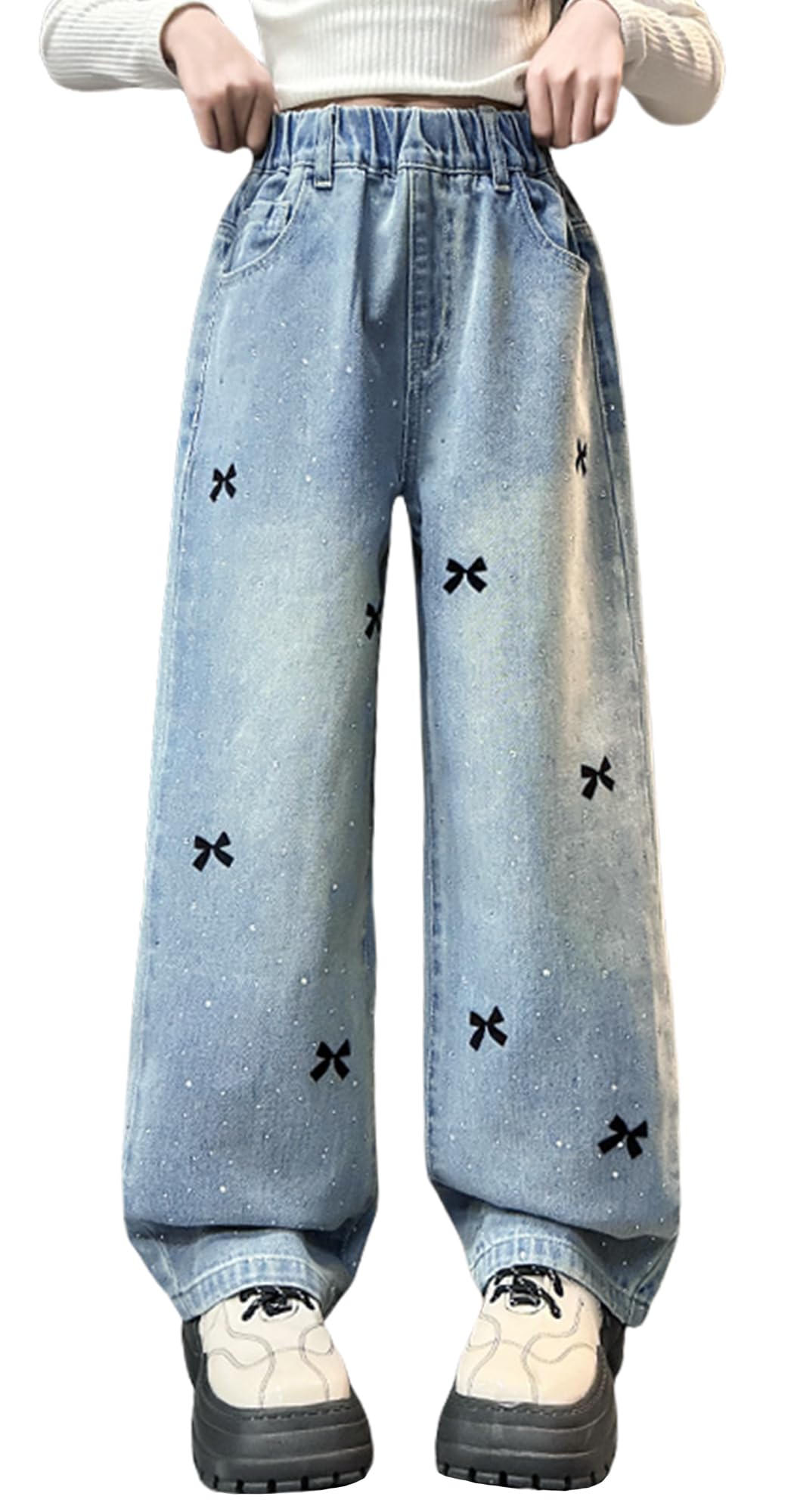 Jeans con Gamba Dritta Ragazza Pantaloni in Denim Elastico in Vita Pantaloni in Cotone Confortevoli Jeans Ricamati Traspirante 5-13 Anni