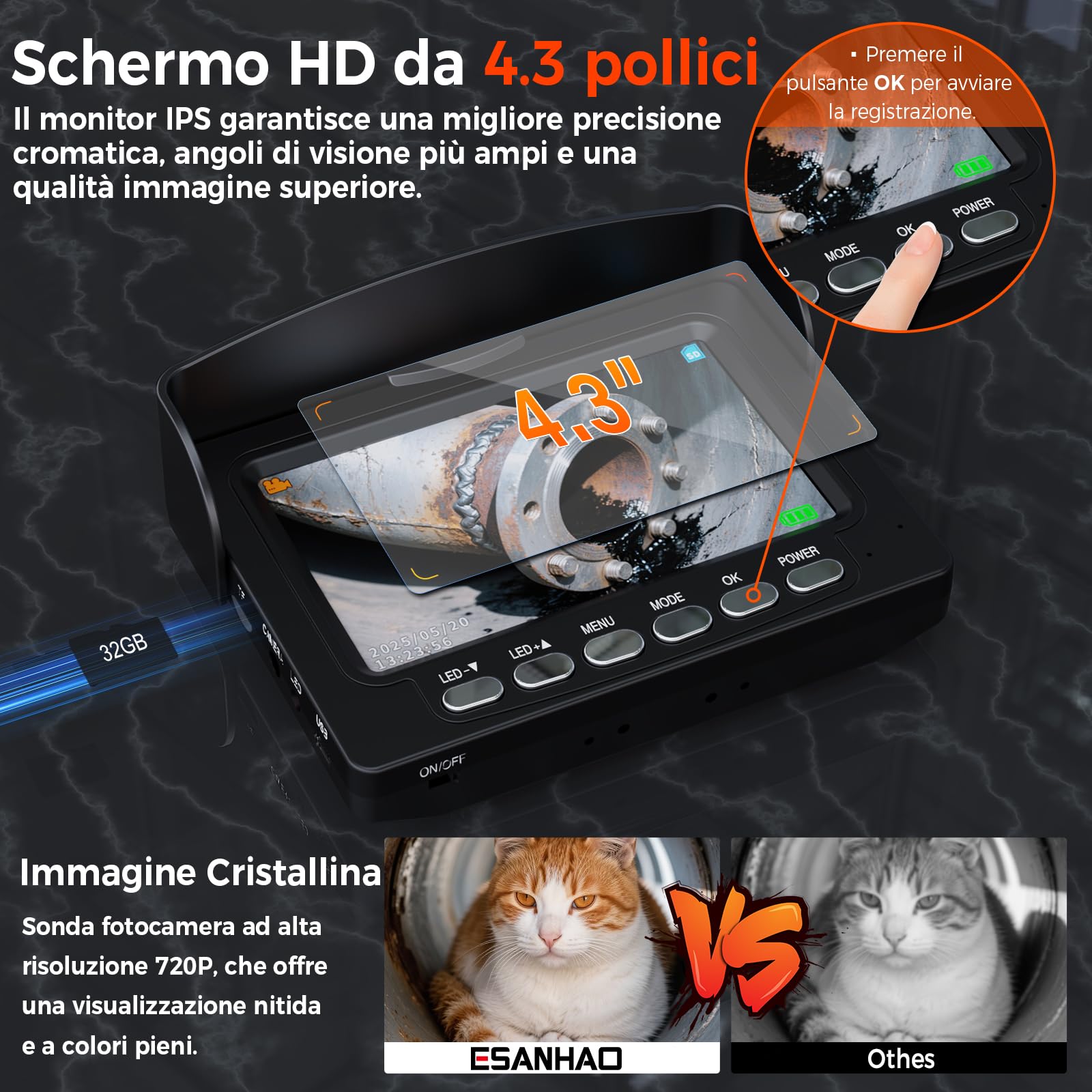 Cámara de Inspección de 20/30m con DVR, Cámara para Inspección de Tuberías de Alcantarillado con Grabador de Audio, Batería de 5600 mAh, 12 Luces LED Ajustables, Tarjeta de 32GB Incluida (20M)