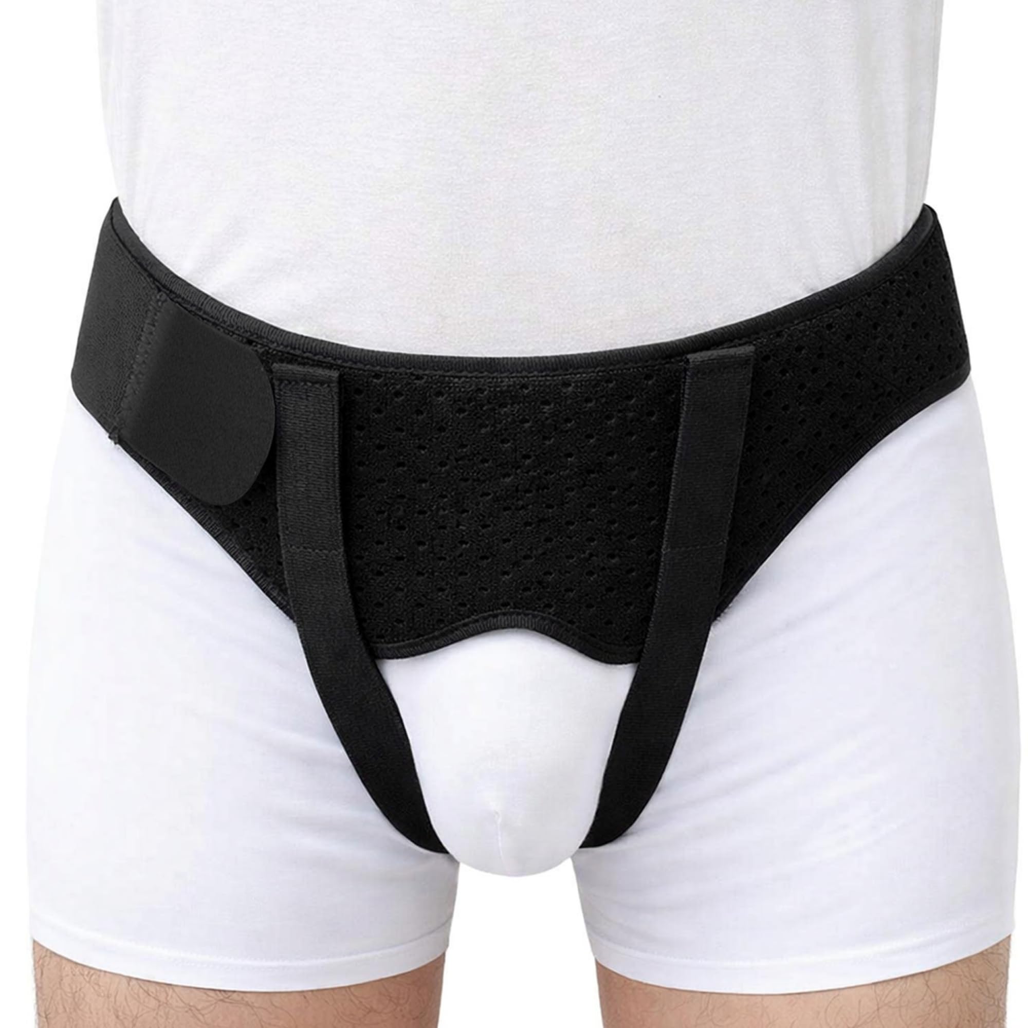 BeFit24 Leistenbruchgürtel für Männer mit 2 medizinischen Silikoneinlagen | Leistenbruch Herniengürtel Herren Bruchband komfortabel diskret elastisch PU-Polster Größe L verstellbar (90–105 cm)