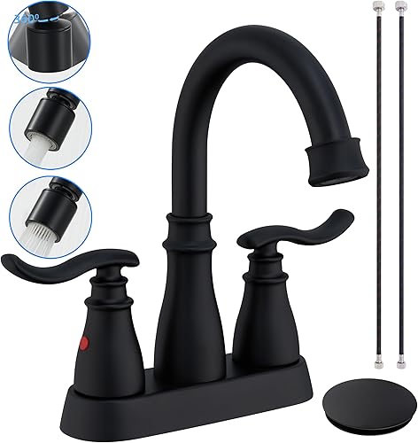 STESSO Grifo de lavabo de baño de 4 pulgadas, grifo de baño negro mate de 3 agujeros, 2 modos de salida de agua, boquilla giratoria extraíble de 360