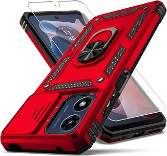 for Moto G Play 2024 Case,with Camera Lens Cover HD Screen Protector,[Military Grade] Ring Car Mount Kickstand Hybrid Hard PC Soft TPU Shockproof Protective Case for Moto G Play 4G 2024, Red