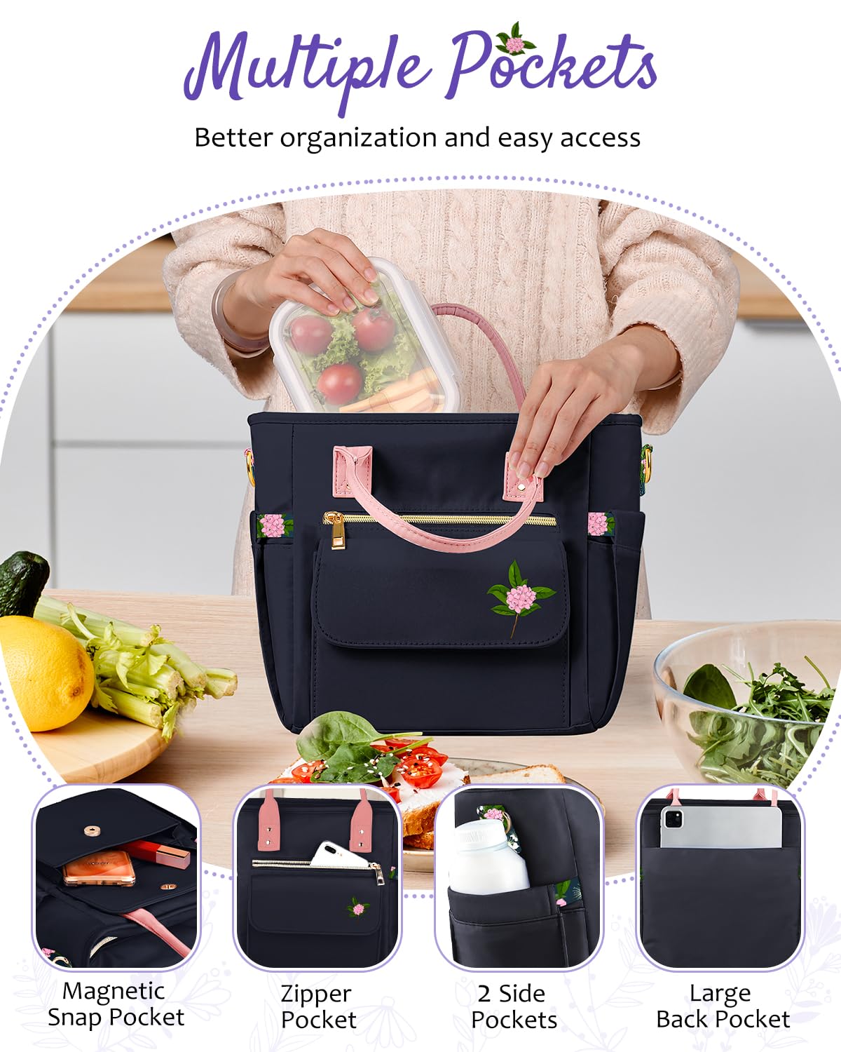 Borsa Frigo Termica Per Donna GLORIEROO – Fiori, Isolata, Impermeabile, Tracolla, Idea Regalo Per Lavoro E Picnic - 2