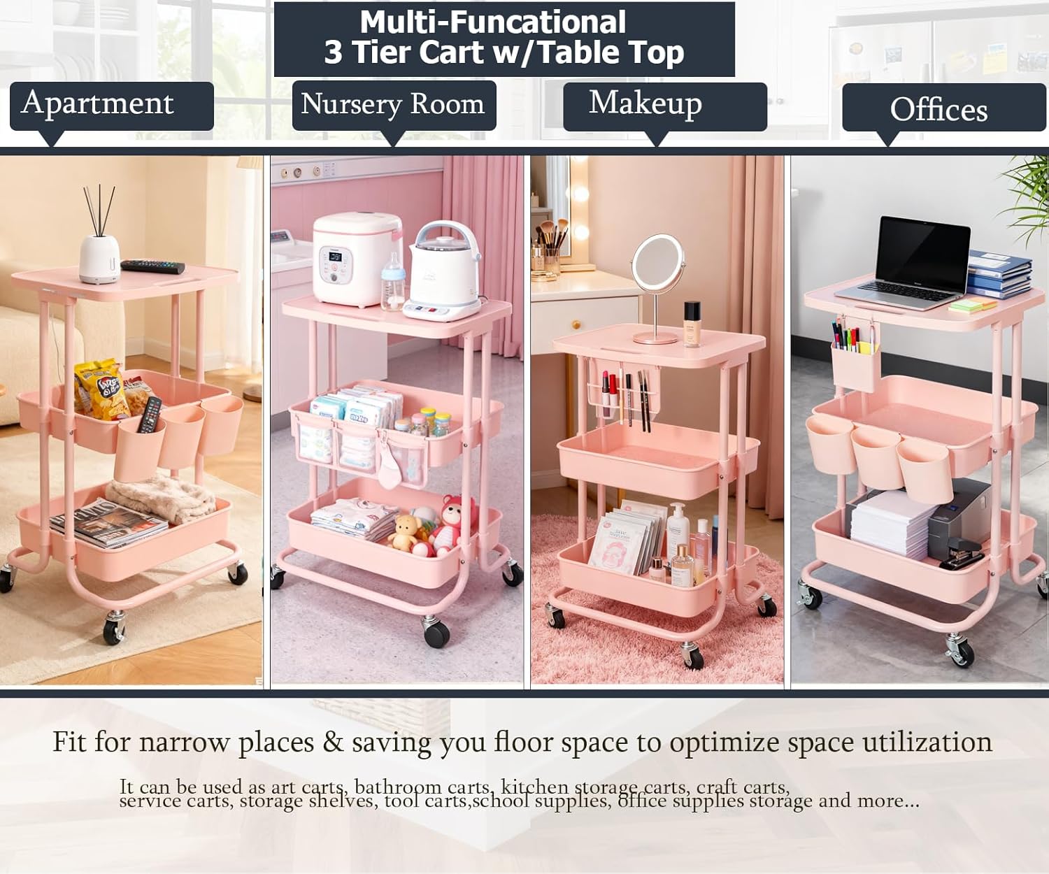3 Tier Rolling Cart Pink Utility Cart with Table Top Multi-Functional Storage Trolley for Office, Living Room, Kitchen, Movable Storage Organizer on Wheels with Hanging Cups