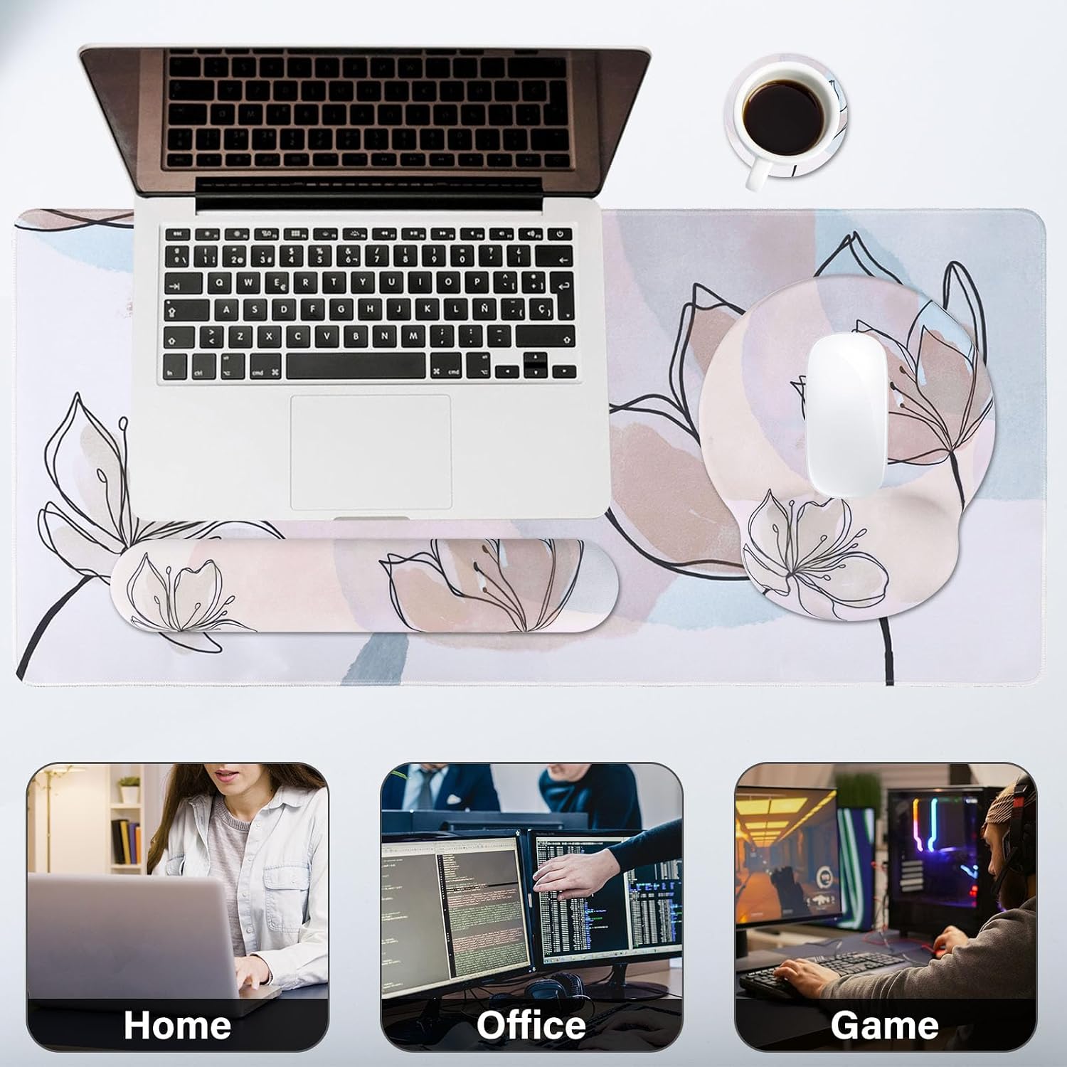 MEGREZ 4-in-1 Ergonomic Memory Foam Wrist Support Set, Desk Pad + Mouse Pad with Wrist Rest + Keyboard Wrist Rest + Coaster, Keyboard and Mouse Pad for Pain Relief, Office, and Gaming