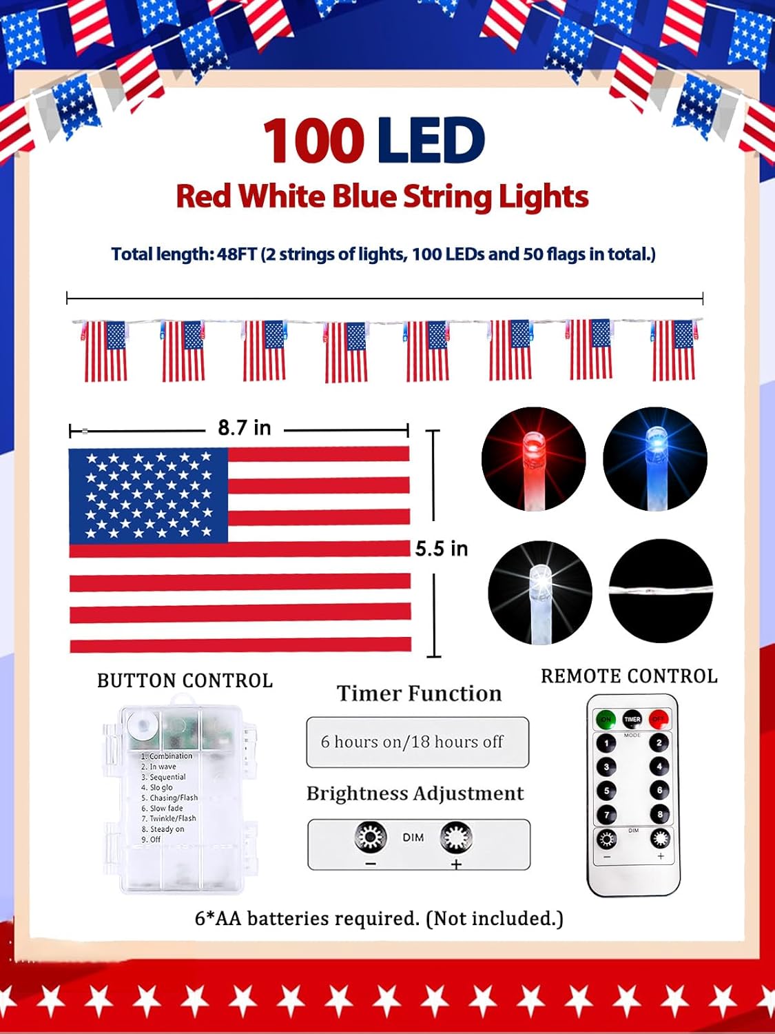 4th of July Patriotic Lights, 2PK 48FT 100LED Red White Blue String Lights with 50 American Flags, Battery Operated Waterproof 8 Modes & Remote & Timer for 250th Anniversary Independence Day Decor