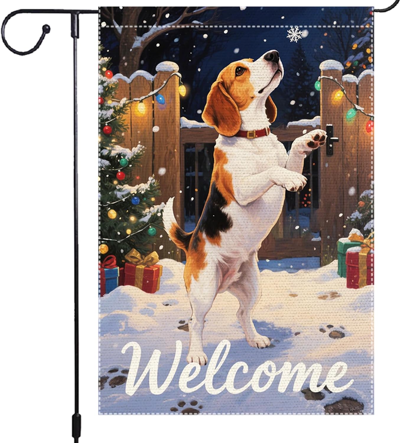 Beagle Dog Welcome Garden Flag 12x18 Inch Double Sided Christmas Burlap Yard Banner for Winter Holiday Outdoor Decor Farmhouse Seasonal Pet Decoration