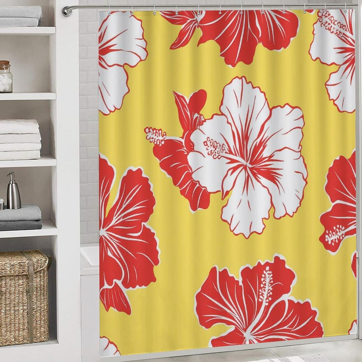 Hibiscus Flowers Bathroom Sets with Shower Curtain and Rugs 4 Piece with U-Shaped Floor Mat Toilet Lid Cover