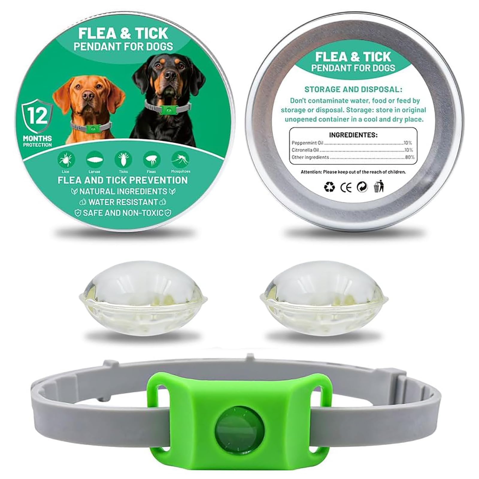 Pets Collier Anti Puce et Tique Naturel pour Chien, Répulsif aux Huiles Essentielles avec 2 Capsules Remplaçables, Collier Réglable sans Contact Direct Peau, Compatible AirTag (Vert-1pcs)