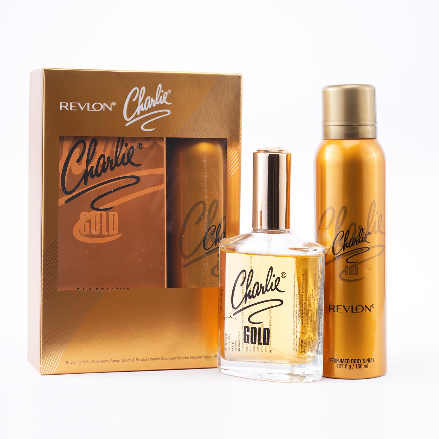 Revlon Charlie Gold Body Deo Spray 150ml & Revlon Charlie Gold Natural Perfume Spray 100ml | Skin Friendly And Long Lasting|Gift Set Combo.