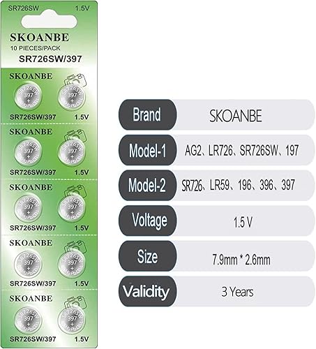 Miniatura 2 de SKOANBE SR726SW 397 1.5V Batería de reloj de óxido de plata, 10 paquetes