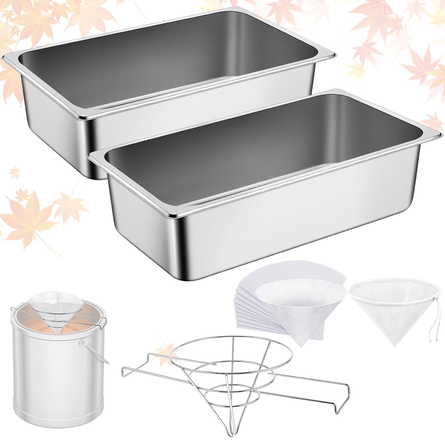 2Pcs Maple Syrup Evaporator Pan 6.8 GAL 21 x 12.8 x 6 Inch Stainless Boiling Pan with 10" Cone Filter Holder Stand 10 Cone Filter Paper Maple Syrup Evaporator Kit for Home Outdoor Cooking