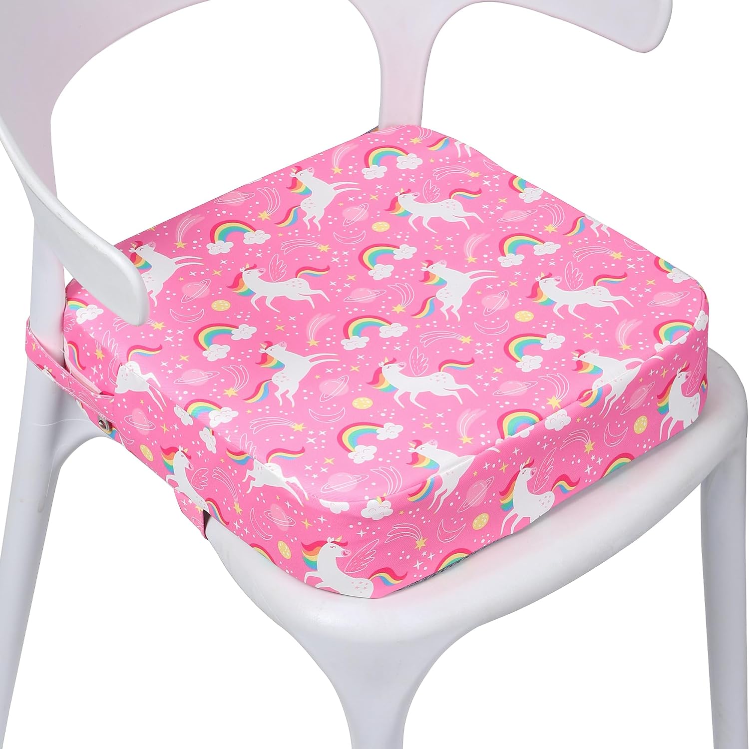 E1F1NN DOT Toddler Booster Seat for Dining Table, Portable Kids Booster Seat with Safety Buckles, High Cushion for Travel with Non-Slip Bottom (Pink Unicorn)