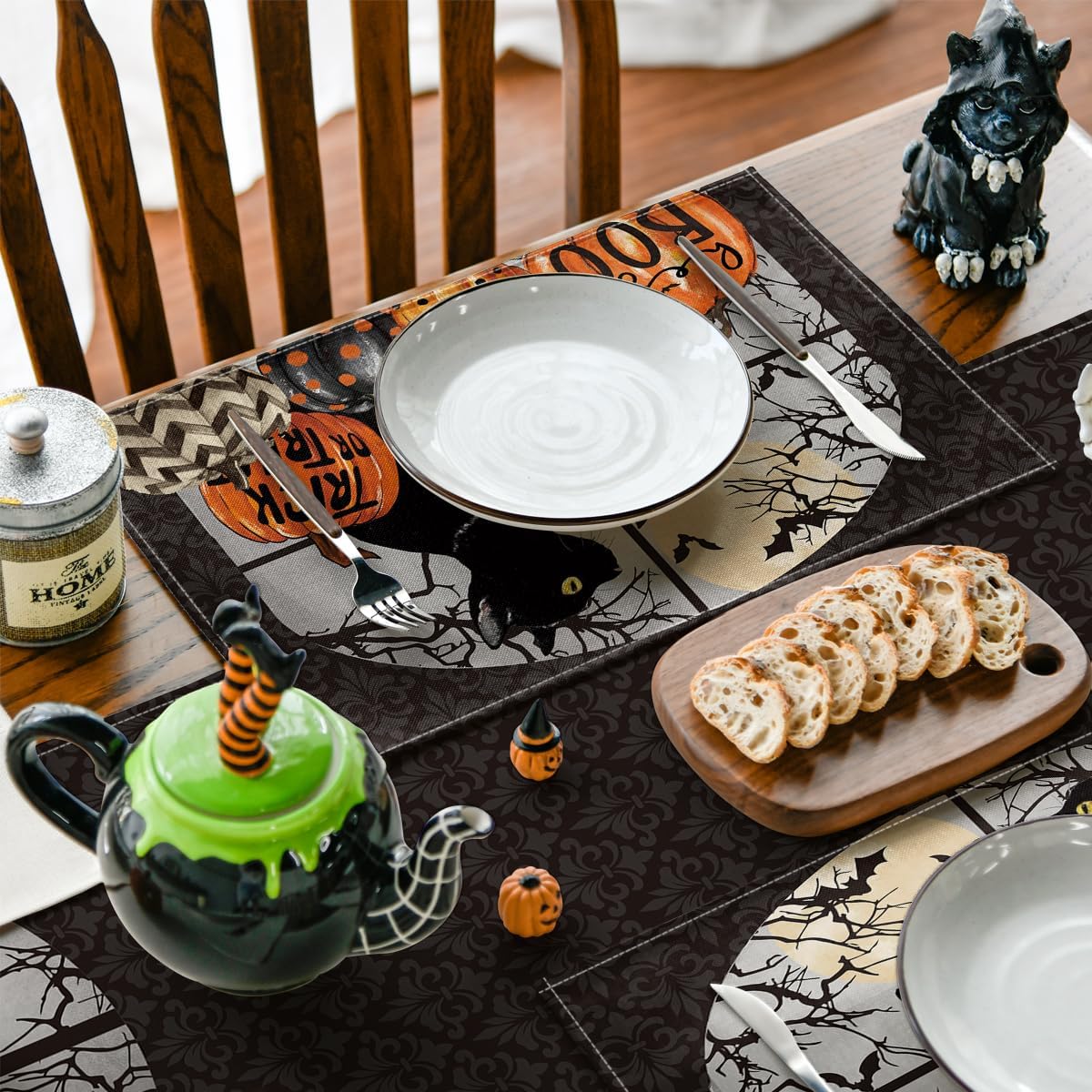 Artoid Mode Boo Black Cat Pumpkins Halloween Placemats Set of 4, Trick Or Treat 12x18 Inch Seasonal Fall Holiday Table Mats for Party Kitchen Dining Decoration
