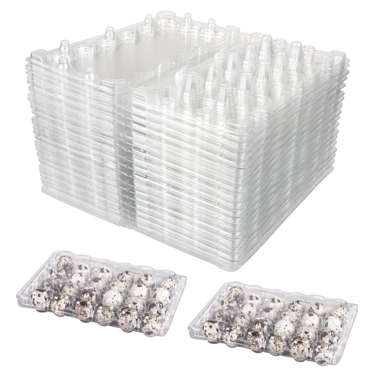 DOERDO Lot de 50 boîtes de rangement empilables pour œufs de caille, distributeur d'œufs transparents, plateaux en vrac pour petits œufs, caille, œufs de pigeon, 18 grilles