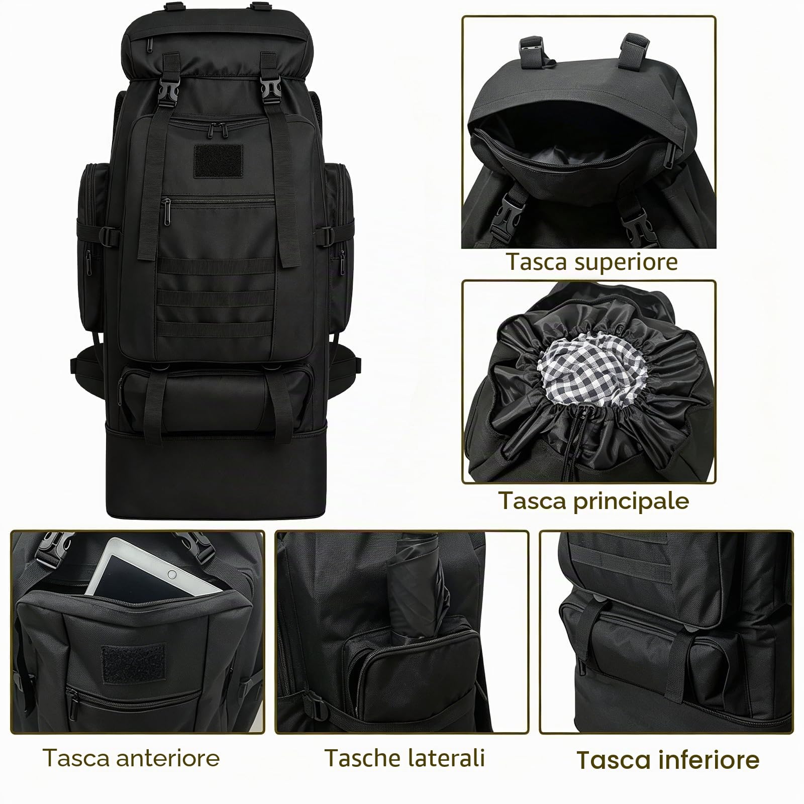 80L Zaino da campeggio da escursionismo Zaino da viaggio MOLLE, Zaini tattici militari, Zaino da esterno di grande capacità impermeabile regolabile addensato