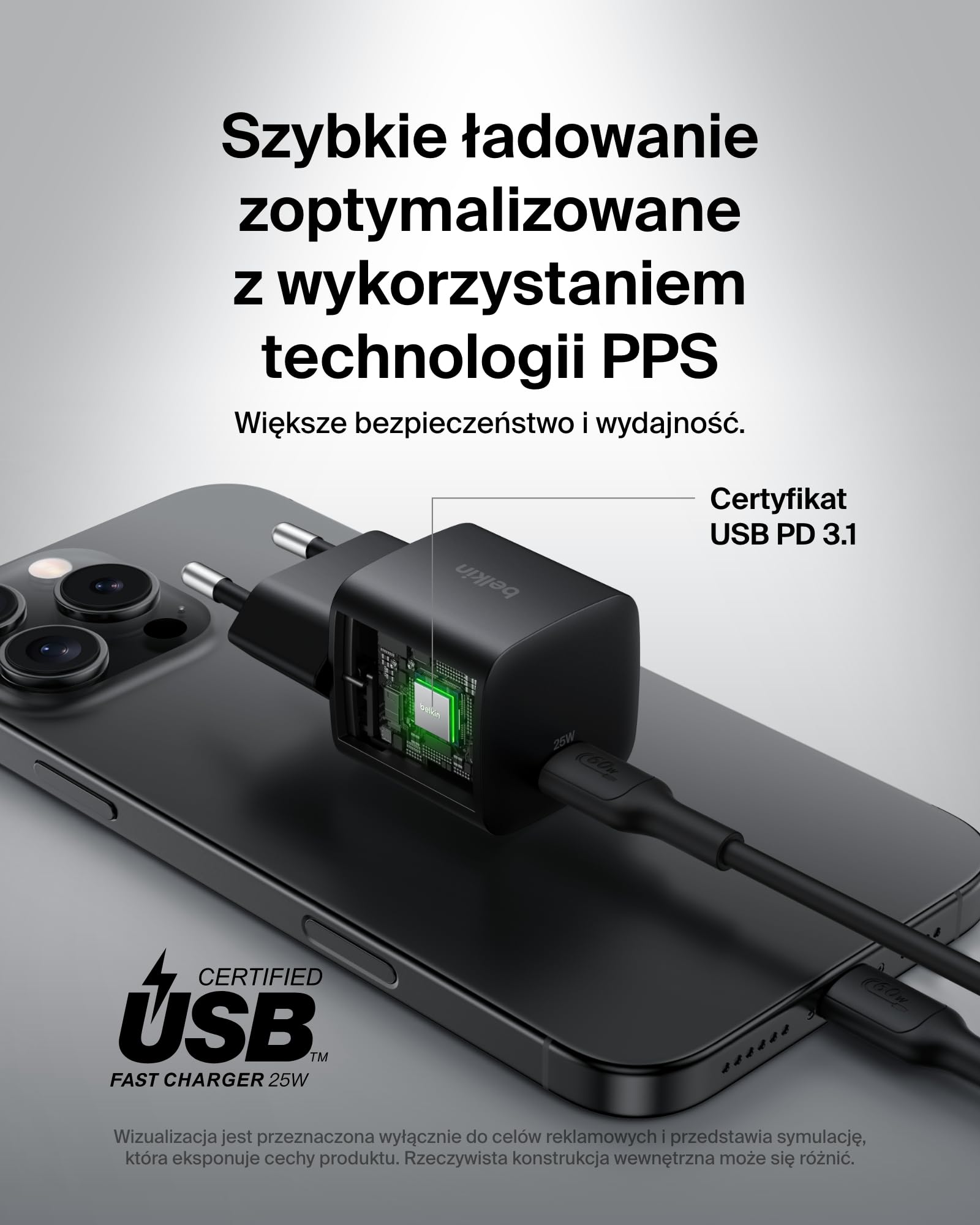 Belkin ładowarka sieciowa USB-C 25 W z kablem USB-C 60 W (1 m) – szybkie ładowanie PD 3.0 z PPS dla urządzeń Apple iPhone serii 16, iPad Pro, Samsung Galaxy S25, Nintendo Switch – czarna