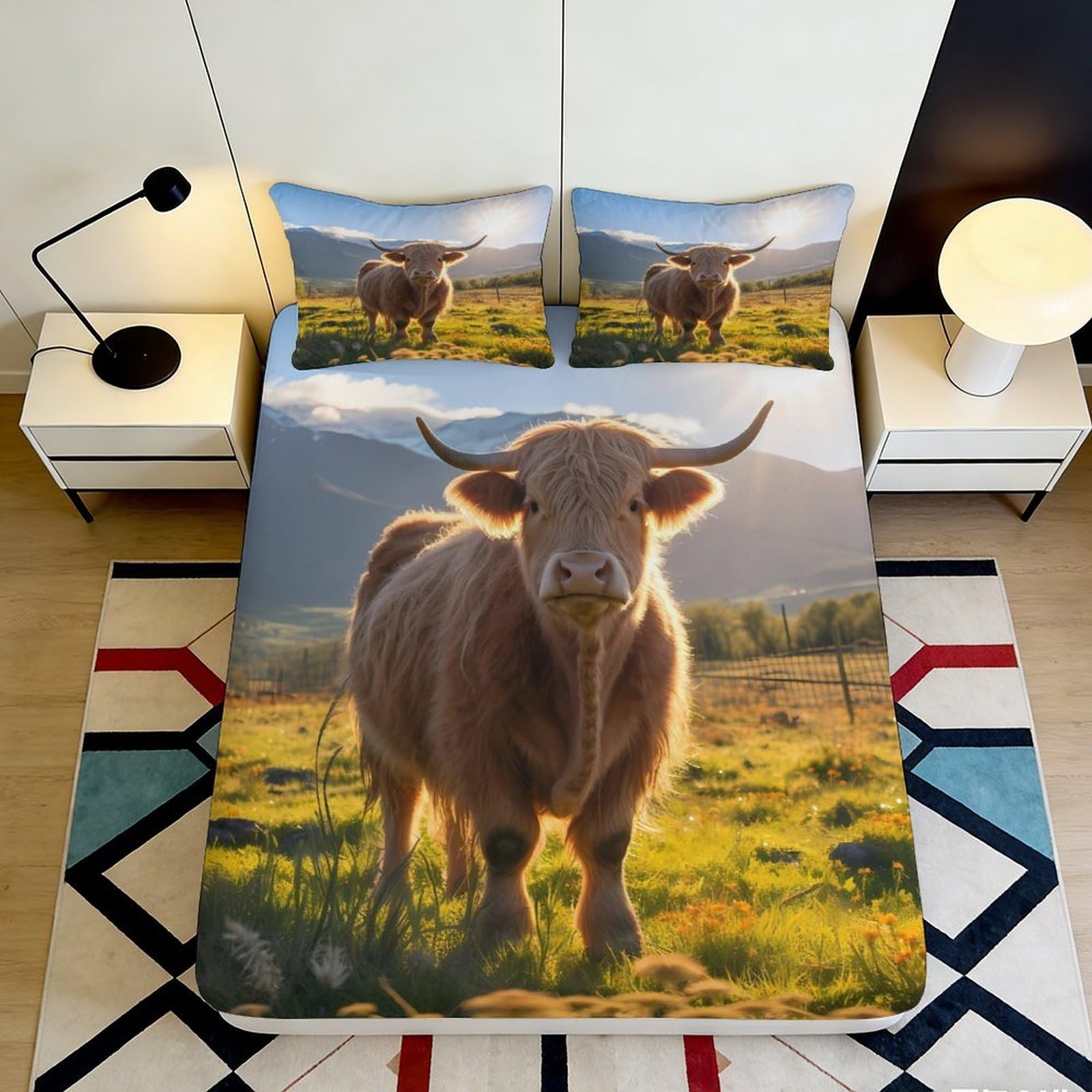 Pnayamiorkfel Style-3 3D Printed Highland Cow Fitted Sheet Microfiber Soft Anti-Slip Rustic Farm Mattress Cover For Bedroom Decor 90X200x25cm