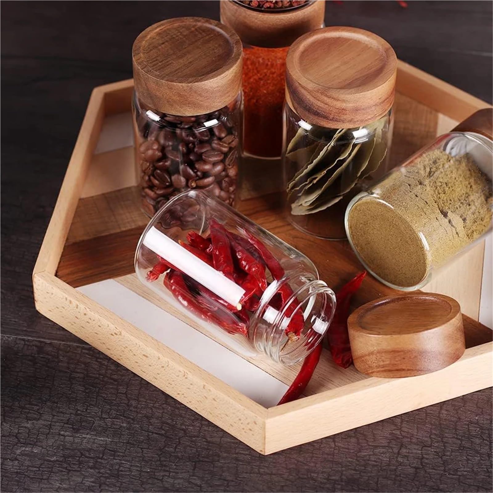 VorratsgläSer Glas mit luftdichtem Verschluss und Holzdeckel, Gewürzbehälter for Lebensmittel(6Pcs)