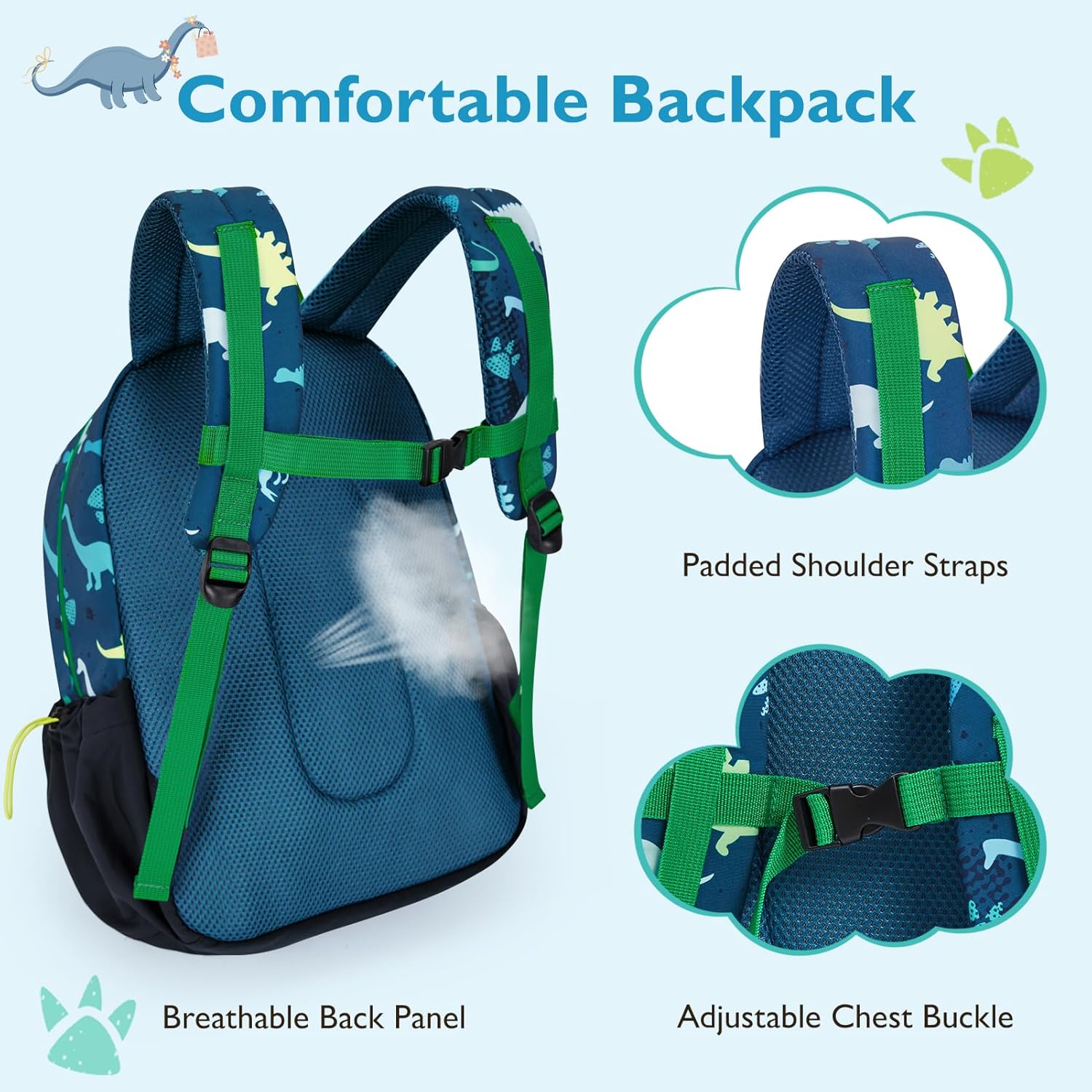 mommore Kids Backpack for Kindergarten Water Resistant Preschool Backpack Dinosaur Boys Bookbag Age 3-6 - Image 4