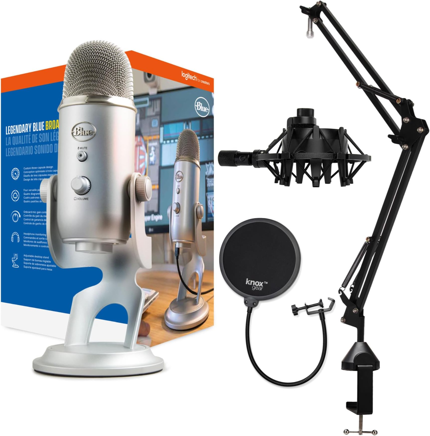 Blue Yeti Microphone (Silver) with Boom Arm Stand, Shock Mount and Pop Filter Bundle (4 Items),USB