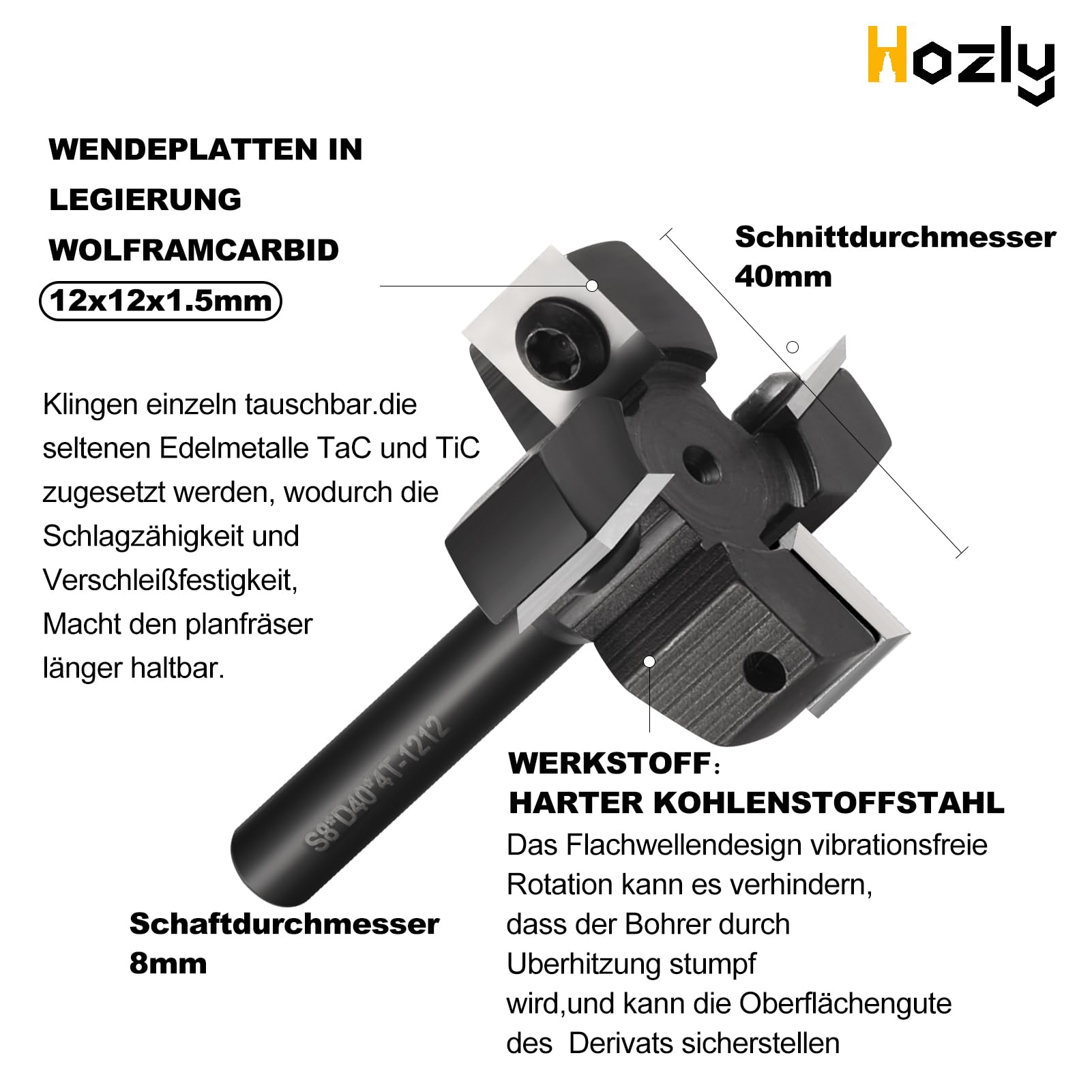 HOZLY Fresa per fresa superiore legno, diametro di taglio 40 mm, diametro gambo 8 mm, fresa per pianificazione/fresatura per bordi, coltello – Utensile professionale con 10 coltelli in metallo duro