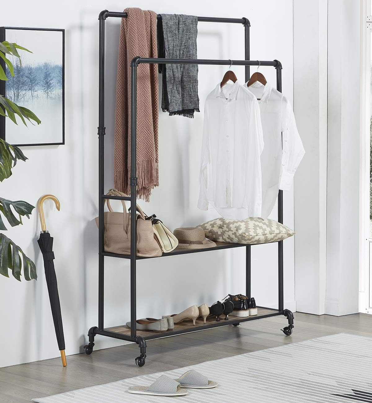 HOMISSUE 72 Inch Industrial Pipe Double Rail Hall Tree with Shoe Storage on Wheel, 2 Shelf Rolling Clothes Rack Organizer with 2 Hanging Rod for Garment Storage Display, Vintage Brown