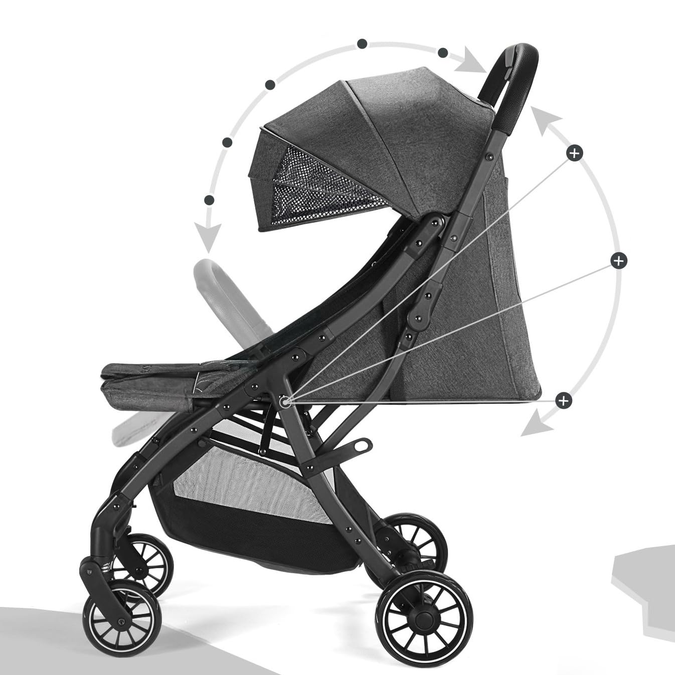BEBE2LUXE Okto – Poussette canne ultra‑compacte naissance–4 ans (0‑22 kg), 6,9 kg, pliage d'une‑main, position allongée, harnais 5 pts, canopy XXL (gris)