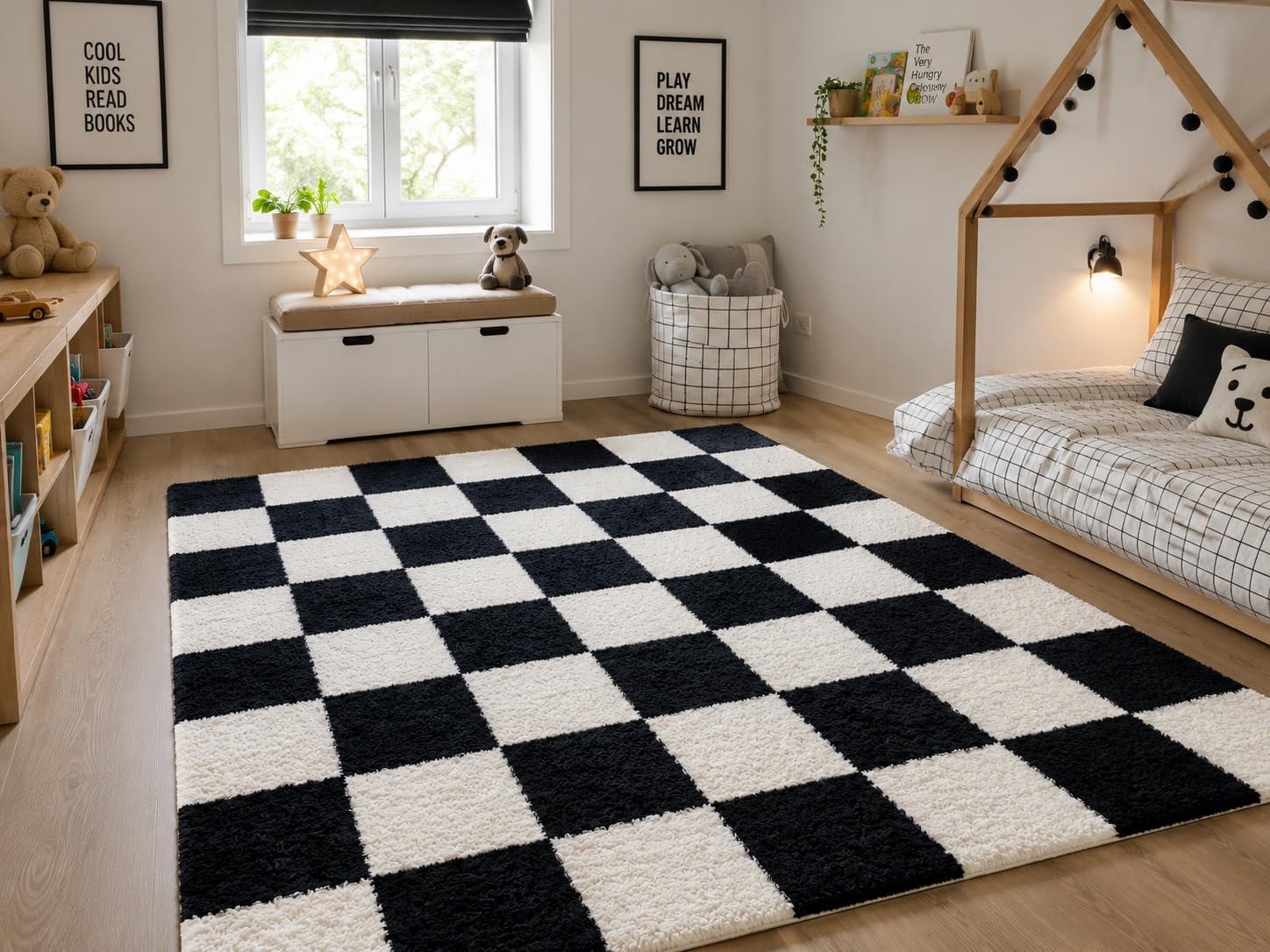 Features 3x5 Feet Modern, Thick, Anti-Skid Shaggy Carpet with a 2-inch Pile, Perfect for Living Rooms, bedrooms, and Kids' Rooms.(3x5 feet, Black & White Chess)-image-24