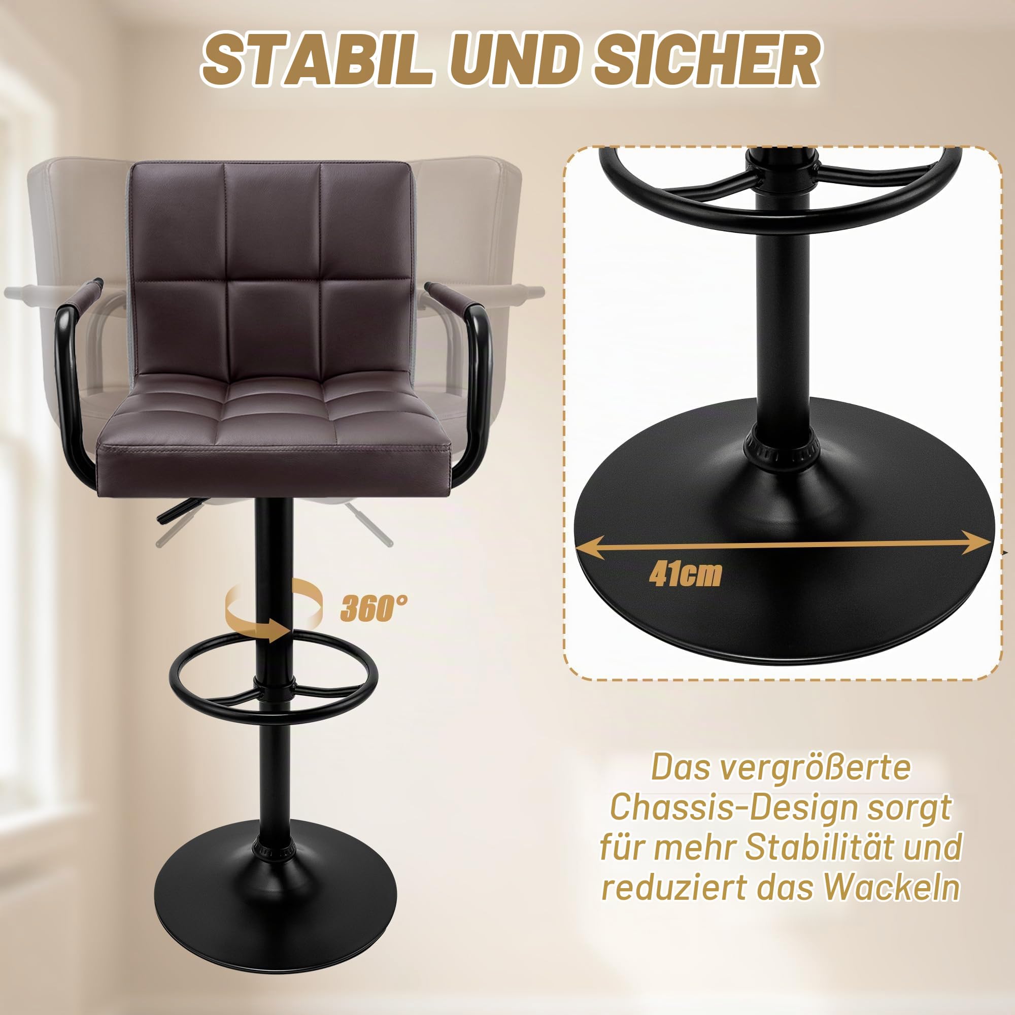 Verdego Barhocker 2er Set, Barstuhl Höhenverstellbar um 20cm, mit Armlehnen, Rückenlehne und Silber Fußstütze, Küchenhocker aus PU-Leder & Stahlgestell, 360°Drehstuhl, Bar Hocker (Braun)