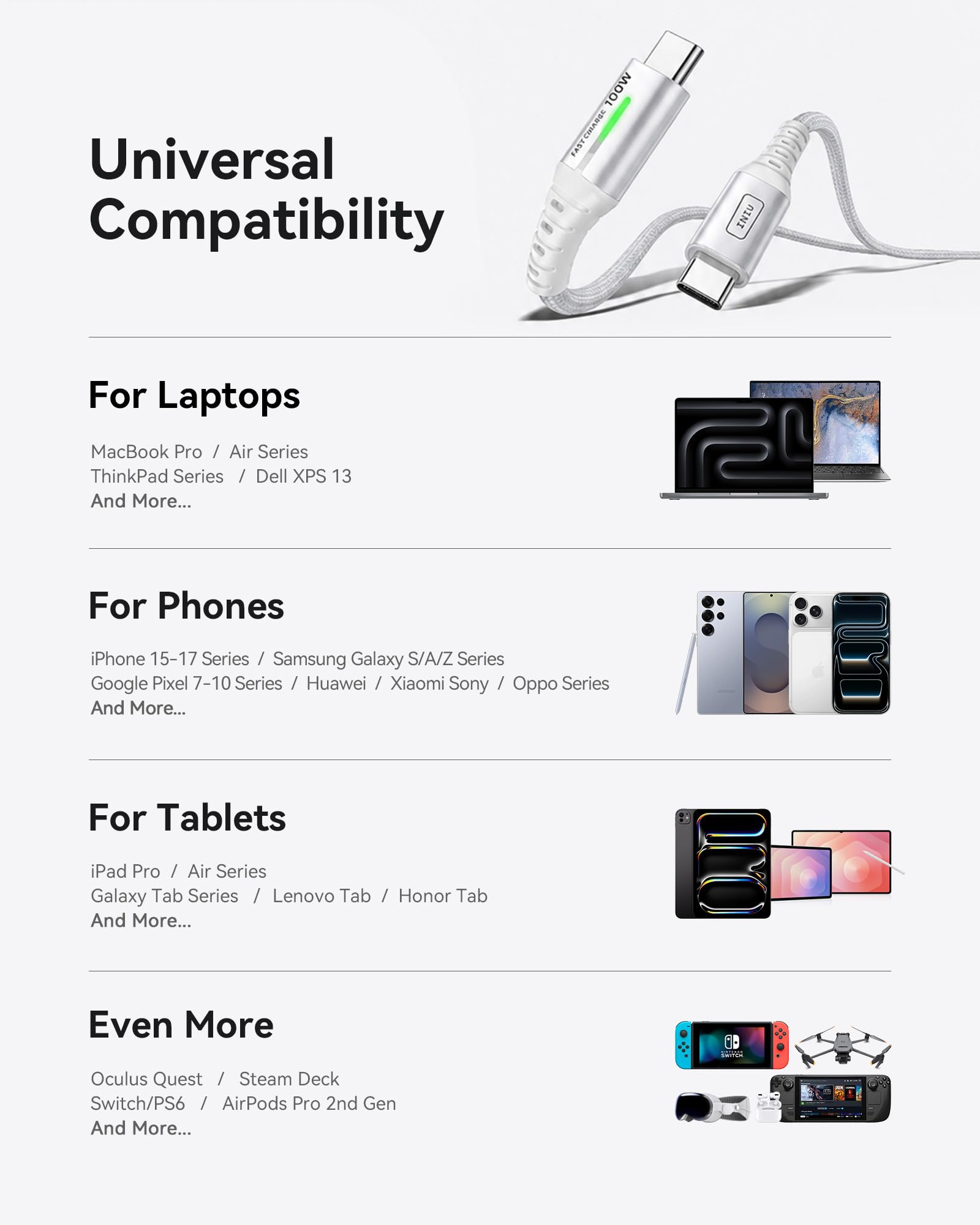 INIU Kabel USB C, [2m+2m] 100 W 5A PD QC4 Kabel usb c do usb c szybkie ładowanie, pleciony nylonowy typ C do MacBook iPad Pro Air iPhone 15, Samsung Galaxy S21, S23, S24, Huawei Plus.