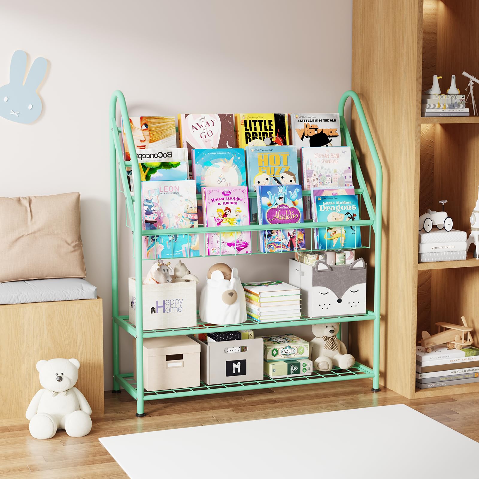 Rainbow Tree 5-Tier Metal Kids Bookshelf, Sling Bookshelf with Toy Organizer, Children Bookcase for Playroom Nursery Bedroom, Montessori Classroom Shelf