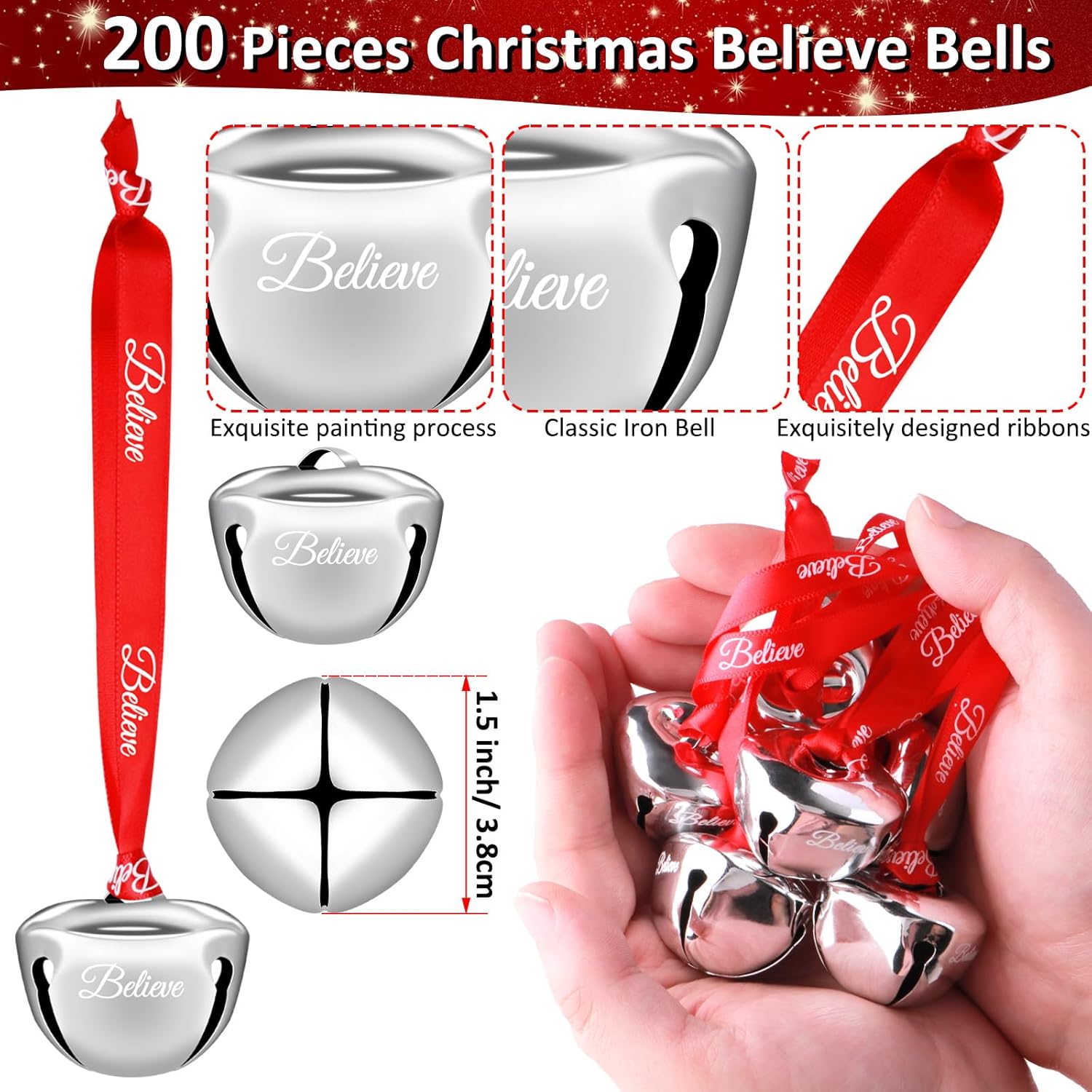 200 Pcs Christmas Believe Bell Ornaments 1.5 Inch Polar Santa Sleigh Jingle Bells with Believe Ribbon Christmas Tree Decorations for Xmas Decor (Silver Color, 200)