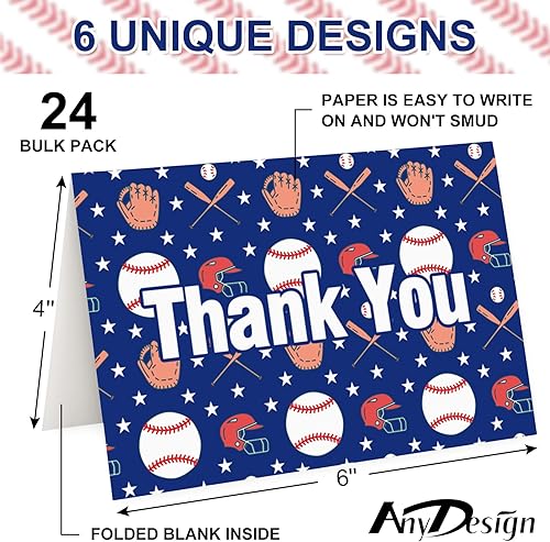 Miniatura 2 de AnyDesign Paquete de 36 tarjetas de agradecimiento de béisbol con sobres, 6 diseños rojos y azules, tarjetas de notas de agradecimiento deportivas
